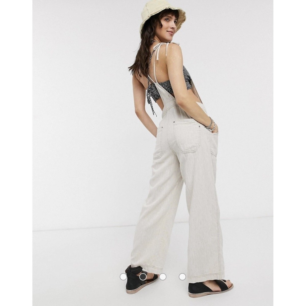 Free People Natural Sights Linen Overalls Pants Cream-natural Size XS